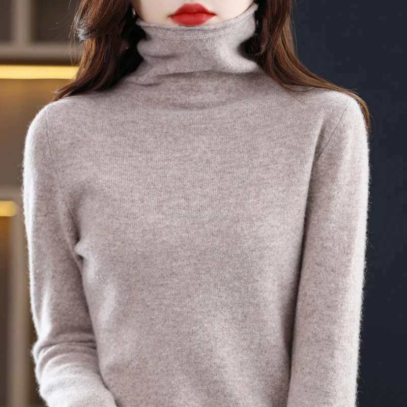 100%Merino Wool Women Sweaters Winter Knit Solid Pile Collar Long Sleeves Warm Cashmere Pullovers Versatile Basic Bottom Jumpers