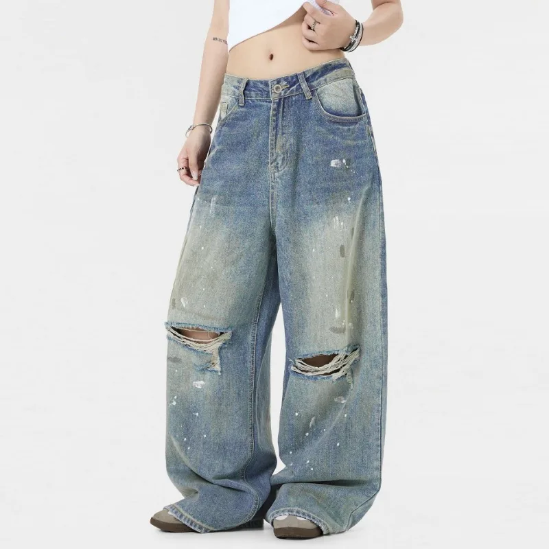 OR FL Women's American High Street Hole Wide Leg Jeans Trendy Brand Ink Splashing Aging Dirty Pants Mop the Floor Trousers Y2k