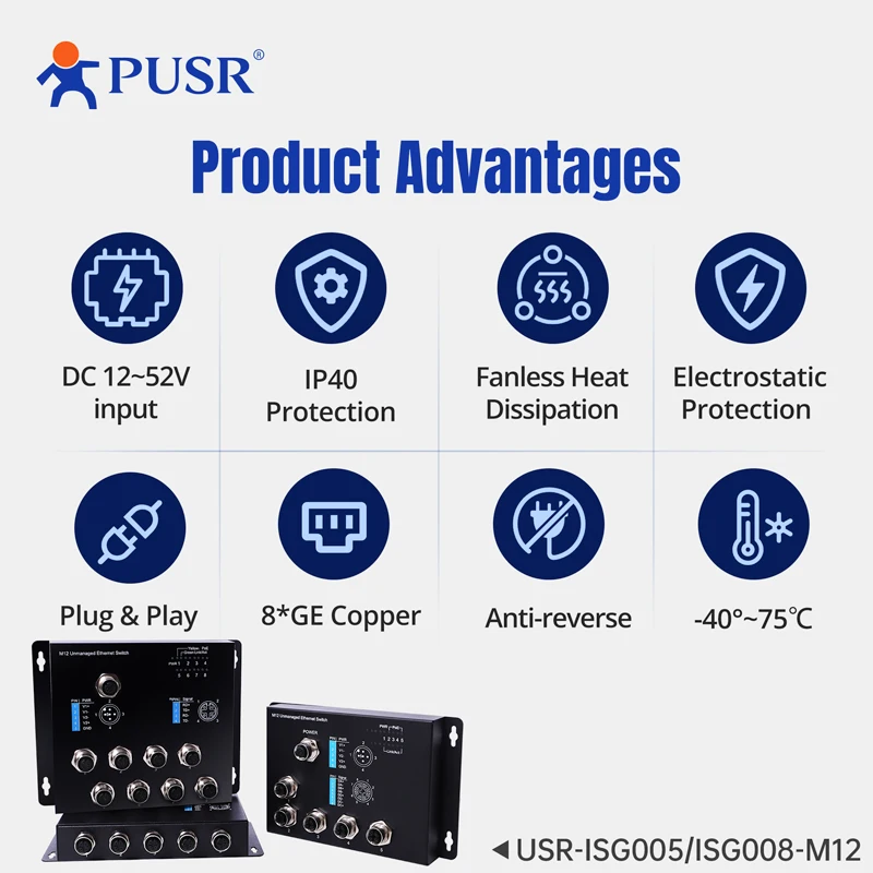 PUSR 5/8 M12 Ports Gigabit Industrial Switch Support 10/100/1000Mbps Unmanaged Ethernet for Railway Subway USR-ISG005/ISG008-M12