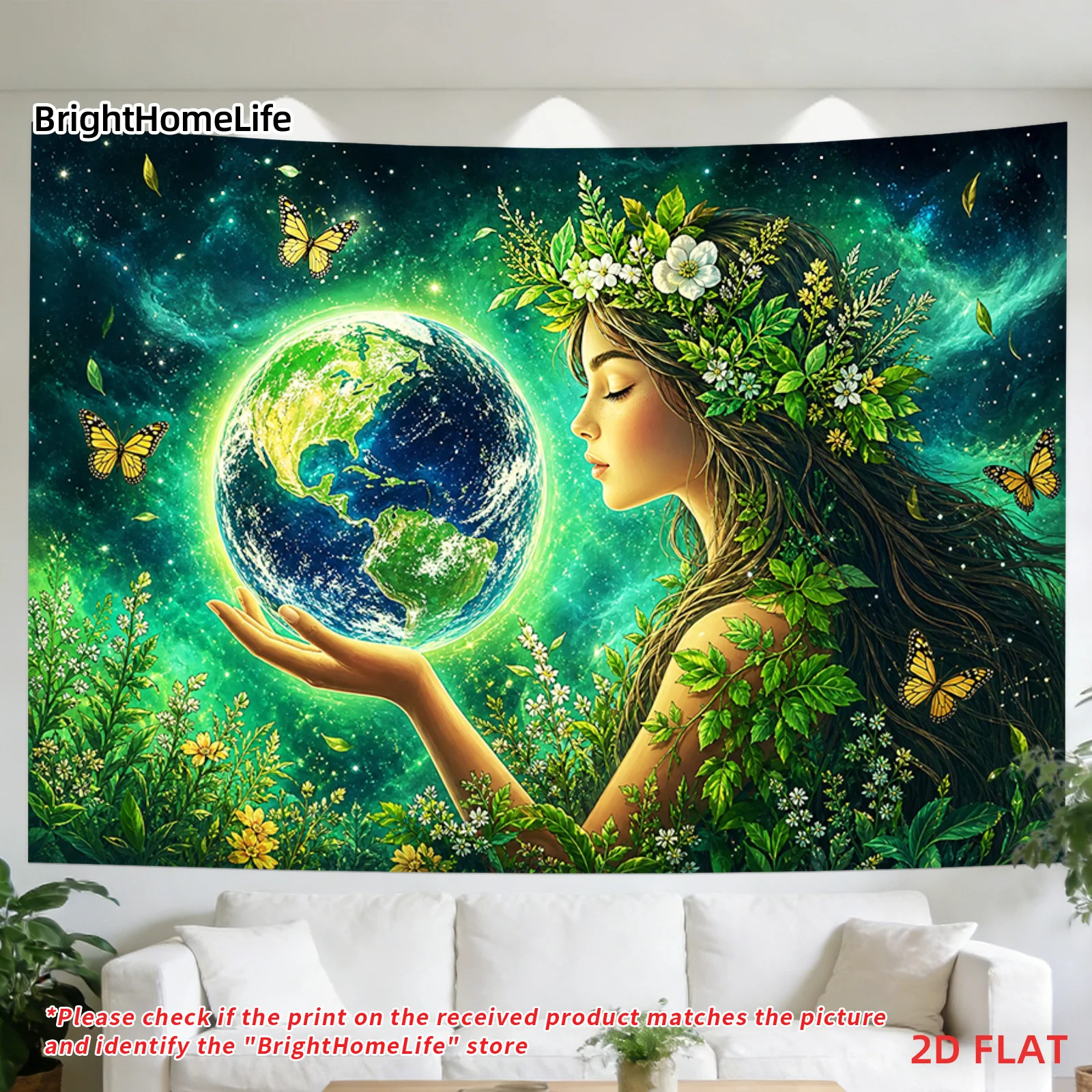 Mother Earth Goddess Tapestry Holding Planet & Butterflies Wall Hanging Green Nature Boho Decor Spiritual Forest Art for Bedroom