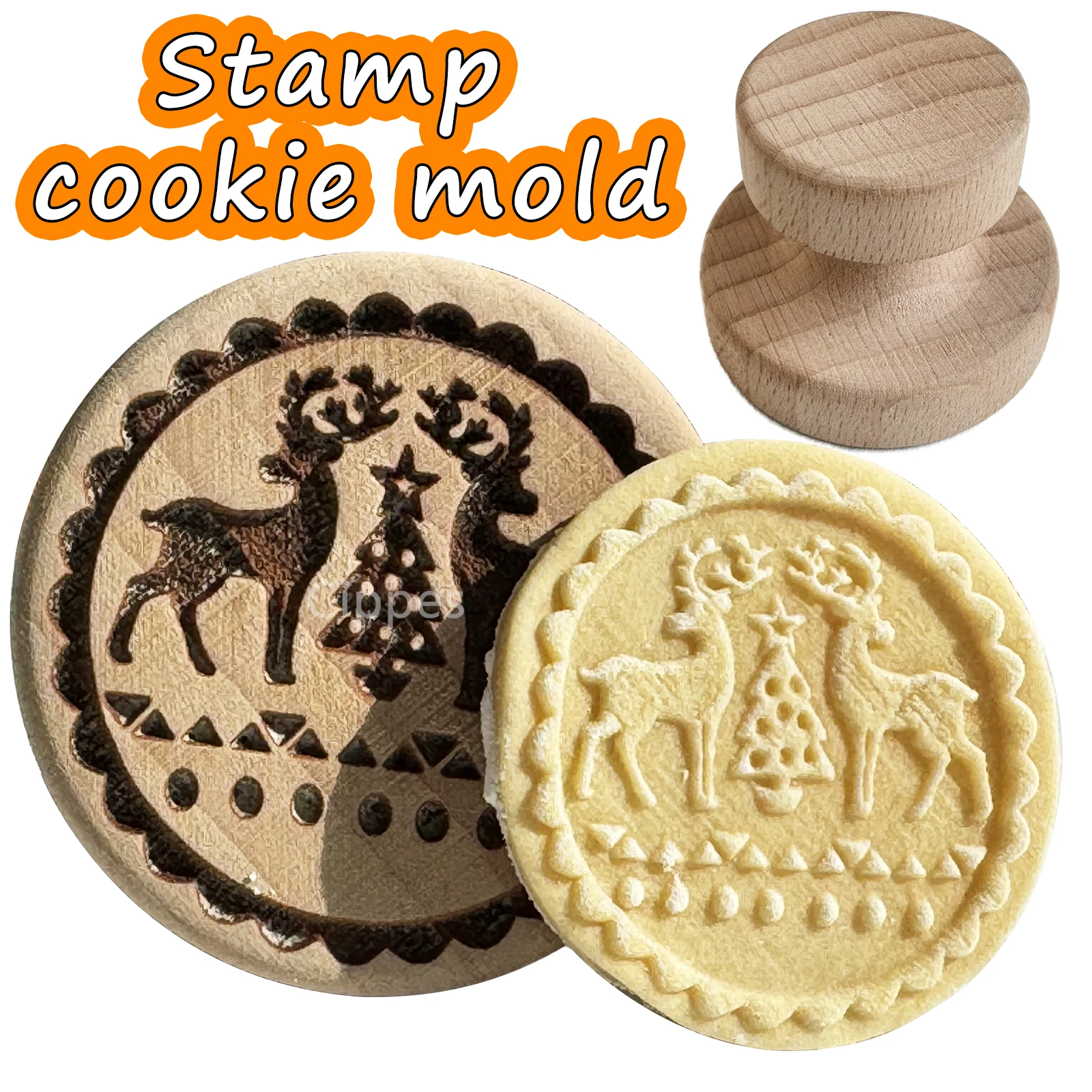 Wooden Cookie Stamp Cookie Mold for Christmas, with Reindeer Snowman Pattern, Round Embosser Baking Tools for Biscuit Cutter