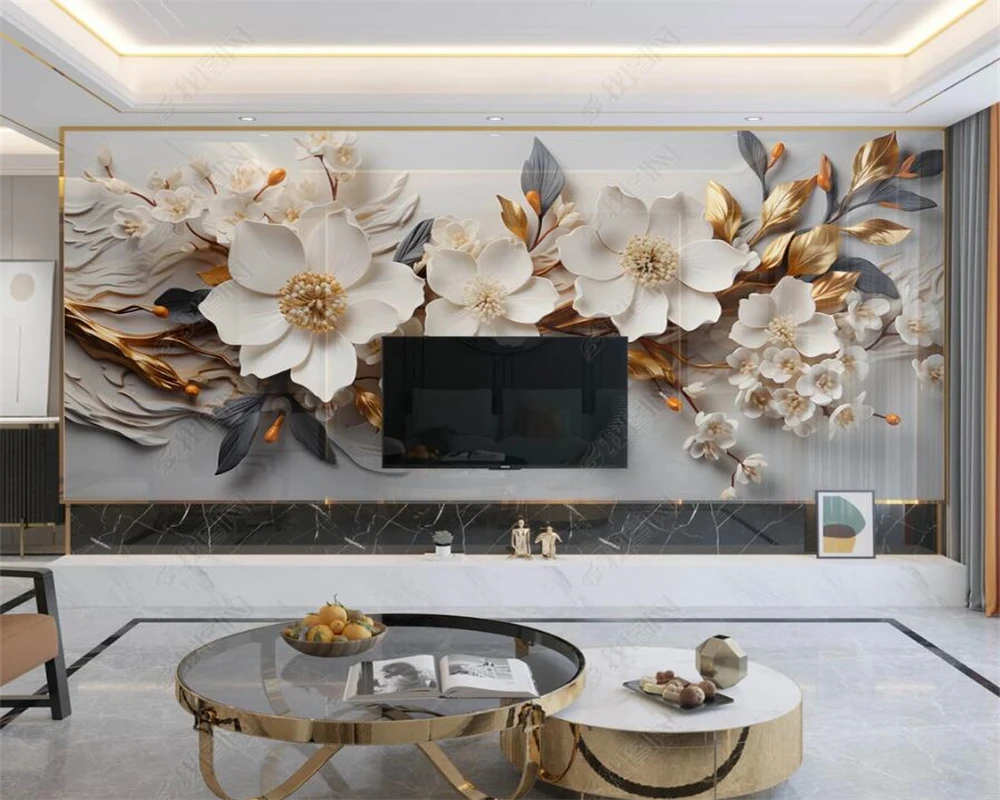 

Обои Beibehang по индивидуальному заказу, современные новые домашние 3D сусальное золото с белым цветком, ТВ-фон с множеством материалов, обои