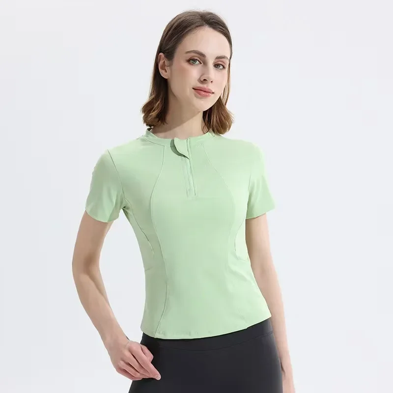 Women's Fitness Short Sleeve T-Shirt Half Zip Quick Dry Breathable Skin-Friendly Nylon Yoga Top Slimming Waist-Cinching