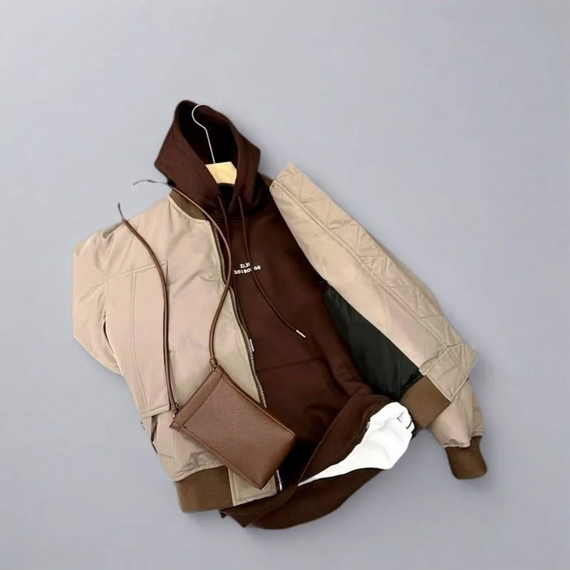 Kids Khaki Baseball Jacket Short Sleeve Casual Jacket Petite Spring Fall 2025 High Quality Maillard Color Outfit