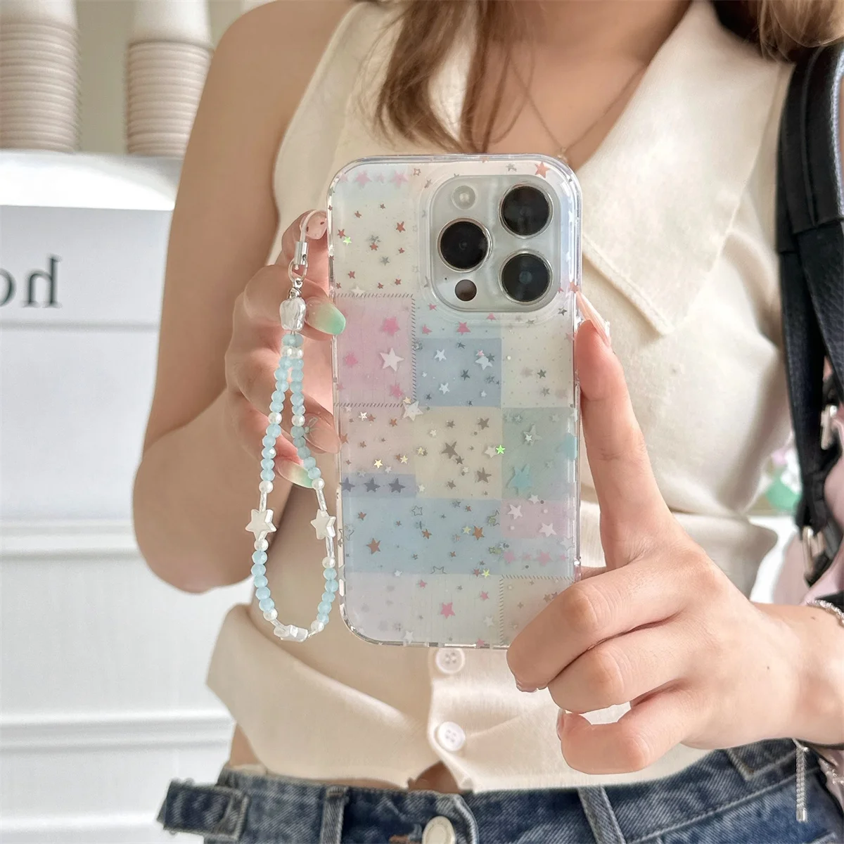 

Fashion Glitter Star Phone Case For iPhone 16 Pro 15 13 14 Pro Max Cover with Chain Korean Cute Protective Cases Funda