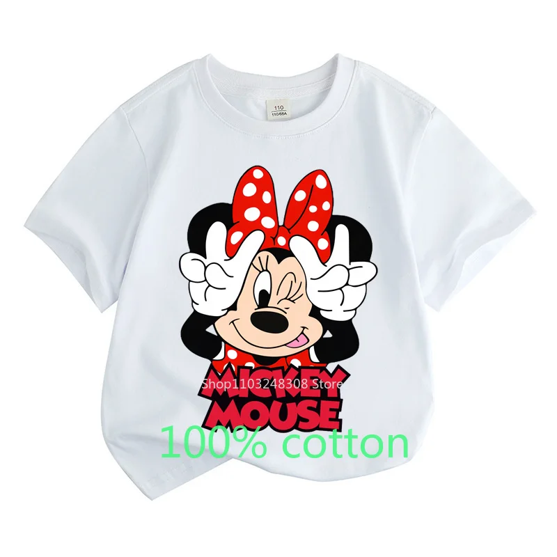 Mickey Mouse Summer Children Clothes 100% Cotton T-shirt Kids Girls Boys Top Cartoon Toddler Round Neck Short-sleeved 2-15Y