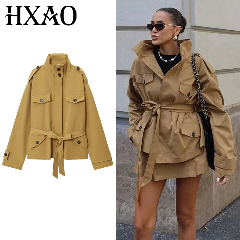 

HXAO укороченная верхняя одежда, женская куртка, осенняя женская мода Darkkhaki, короткая куртка с длинным рукавом и высоким воротом, шикарный уличный плащ