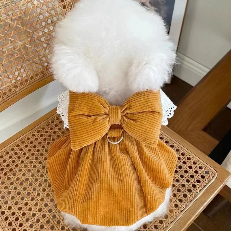 Pet Clothing Autumn/Winter New Corduroy Pumpkin Skirt Pulling Buckle Teddy Cat Warm Lace Skirt Puppy Dresses for Small Dogs