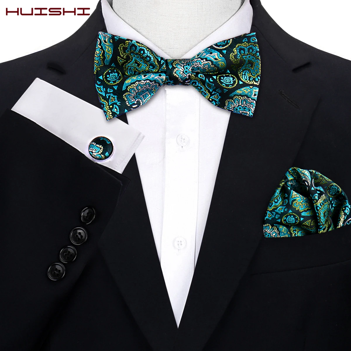 

Jacquard Silk Mens Bow tie Brand Designer Bowtie Hanky Cufflinks Set For Mens Paisley Floral Wedding Business Butterfly Gift