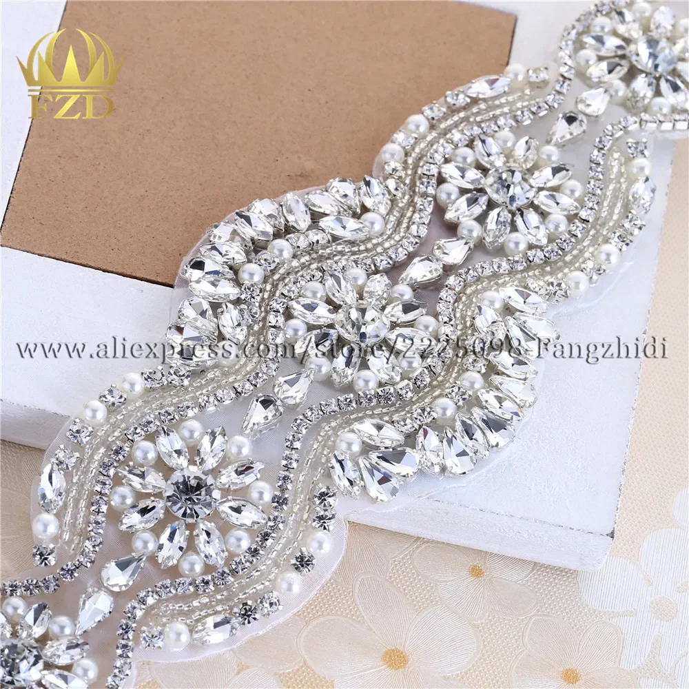 FANGZHIDI 1 Piece Hot Fix Crystal Glass Silver Rhinestone Applique Bridal Dress Applique for Wedding Dress Sash Belt DIY