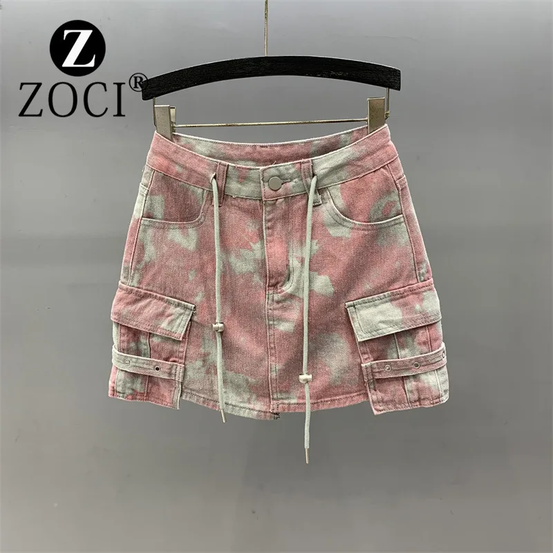 [zoci] Summer New Camo Pocket Work Dress Half Skirt Drawstring High Waist A-line Wrapped Hip Denim Short