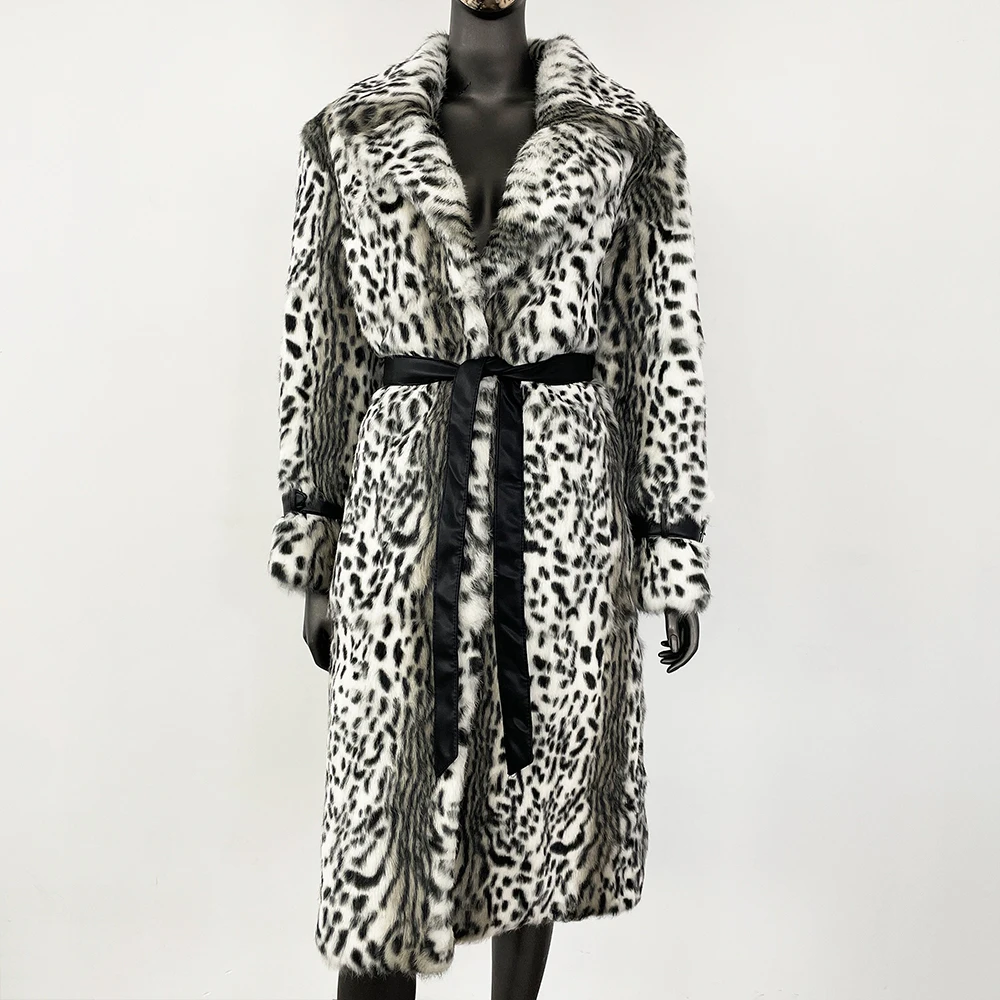 Autumn Winter Rabbit Fur Coat Thickened Warm Fur Integrated Fashion Leopard Print Over Knee Whole Leather Imported Women Coat