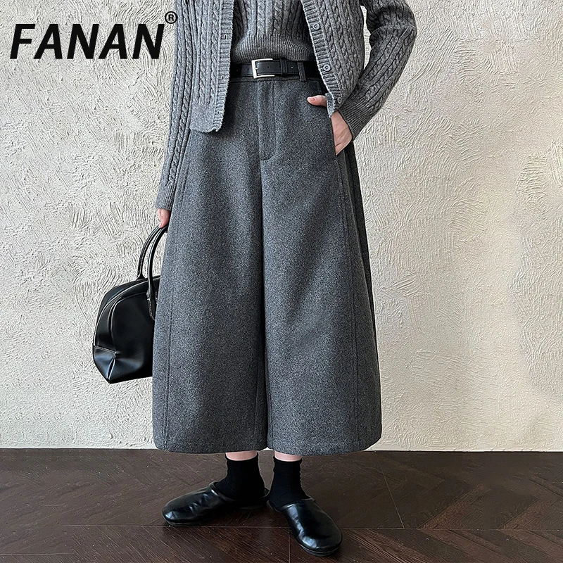 FANAN سراويل صوف سميكة دافئة للنساء عالية الخصر مستقيمة واسعة الساق بنطلون مكتب سيدة الملابس الكورية نمط 2025 شتاء جديد