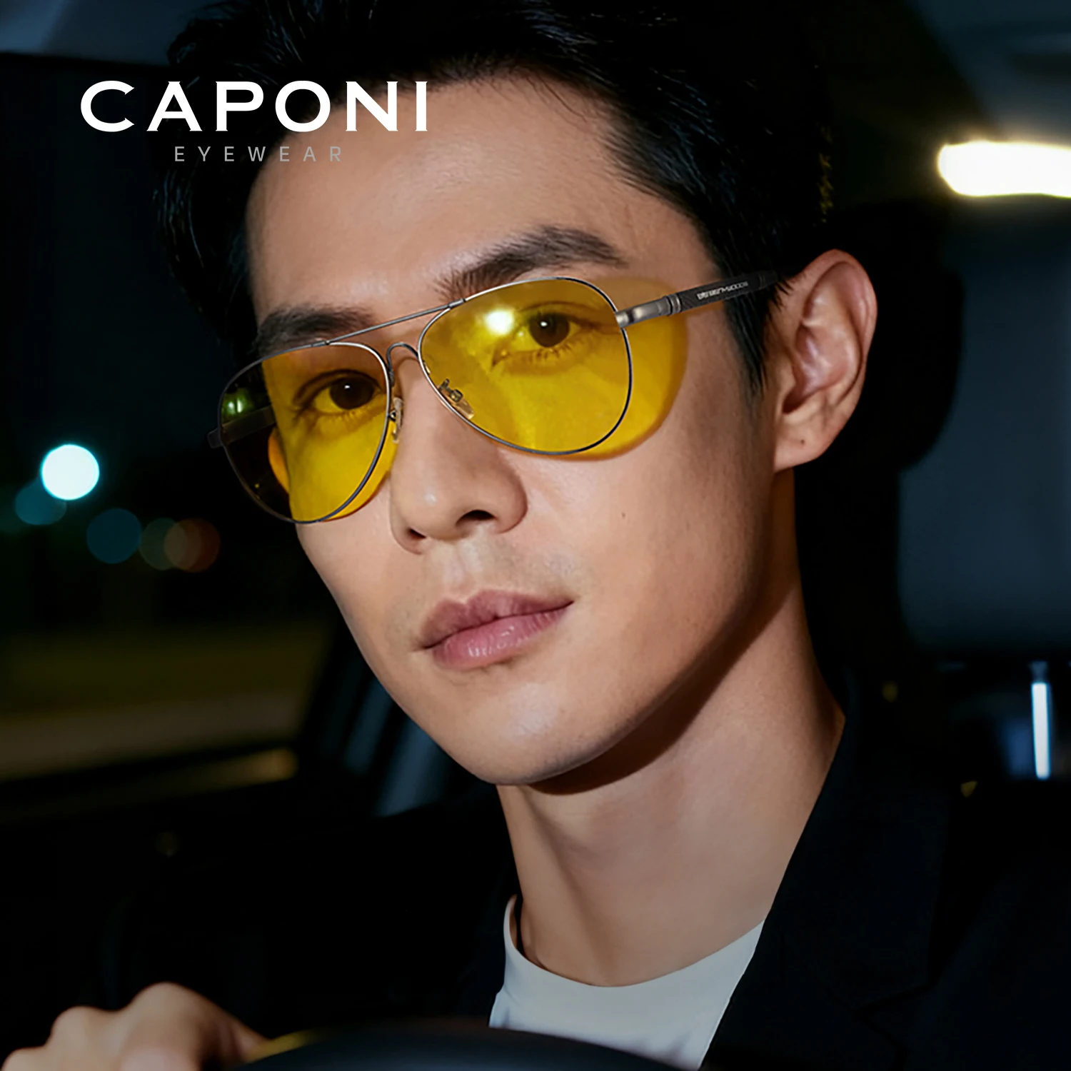 CAPONI Pilot Style Sunglasses Men Driving Night Vision Magnesium Aluminum Yellow Sun Glasses Photochromic Brown Eyewear BSYS9812