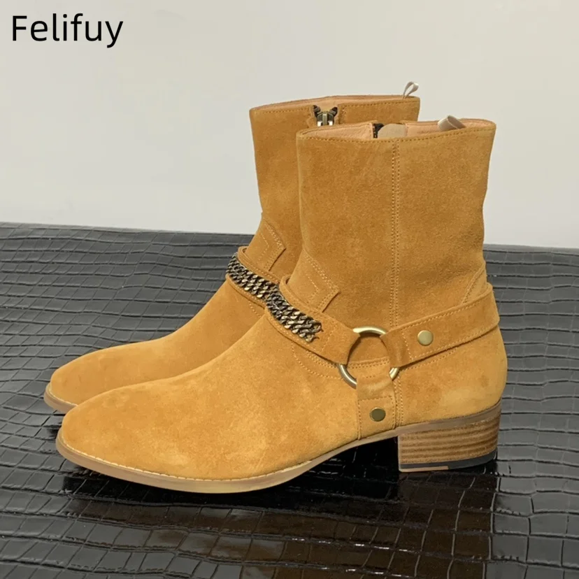 Cow Suede Brown Chain Boots for Men High Heeled Men's Boots Luxury Genuine Leather Ankle Boots Zipper Winter Male High-Top Shoes