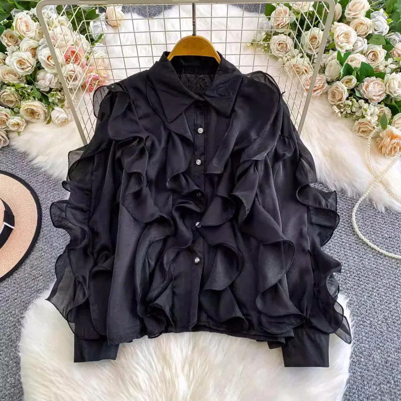 HKSH Women Shirt French Vacation Style Sweet Ruffled High-end Loose Casual Solid Color Long Sleeves Blouse Spring Autumn HK25119