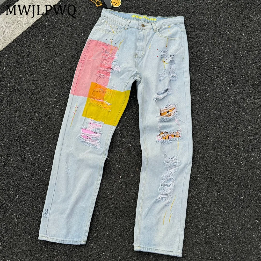 

MWJLPWQ High Street Patchwork Printed Hole Jeans Men's Hiphop Style Ripped Design Unisex Loose Casual Straight Long Pants 11259