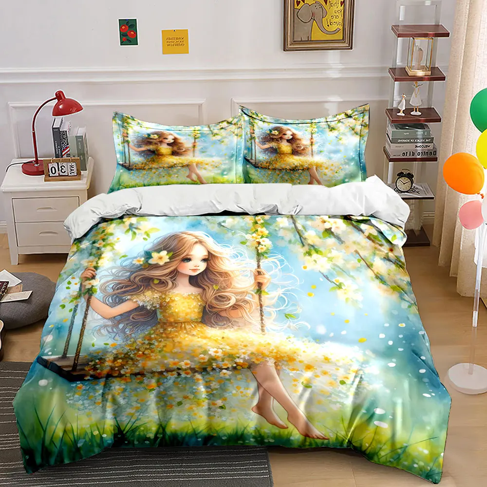 Girl on swing in spring Print Bedding Set 1 Duvet Cover 2 Pillowcases for Adult and Children Luxury Gift Full Size