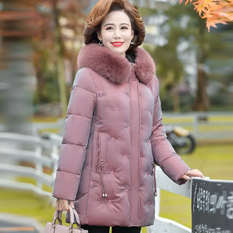 Middle-aged Mother Winter Embroidered Warm Jacket Plus velvet Thicken Parkas Outwear Fashion Loose Cotton Fur collar Hooded Coat