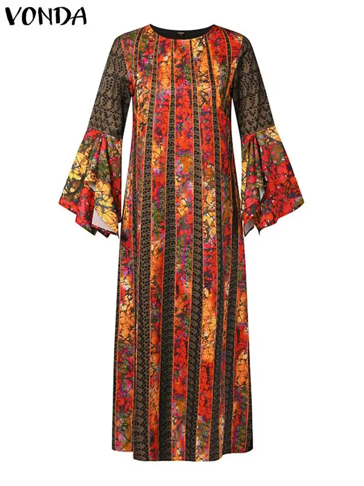 Plus Size 5XL VONDA Vintage Printed Dress Women Bohemian Party Maxi Dress 2024 Long Flare Sleeve Party Casual Loose Robe Femme