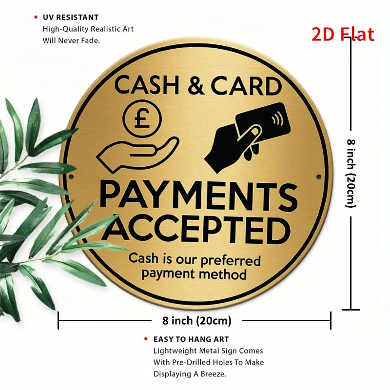 [Round Aluminum Sign] 2D Flat - 1pc 2D Flat 7.87X7.87 Inch Round Aluminum Sign | Glossy Golden Metal Sign - 'Cash & Card Payment