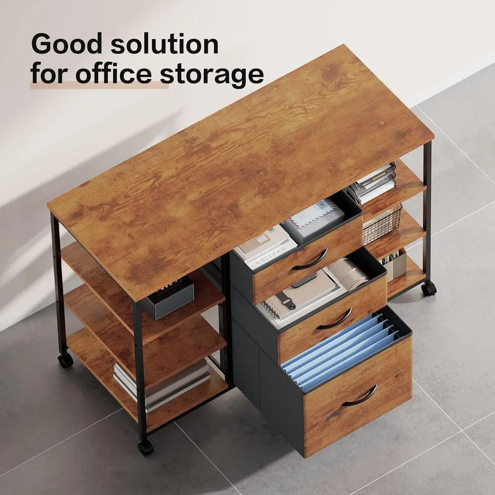 خزانة ملفات جانبية من القماش ذات 3 أدراج مع حامل طابعة دوارة، بني ريفي للمكتب المنزلي #5