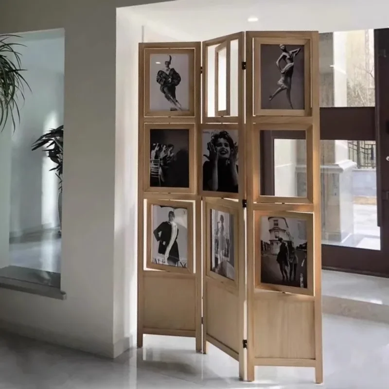 Chinese retro solid wood photo frame screen wooden partition folding window photography background wall fashion entrance decorat
