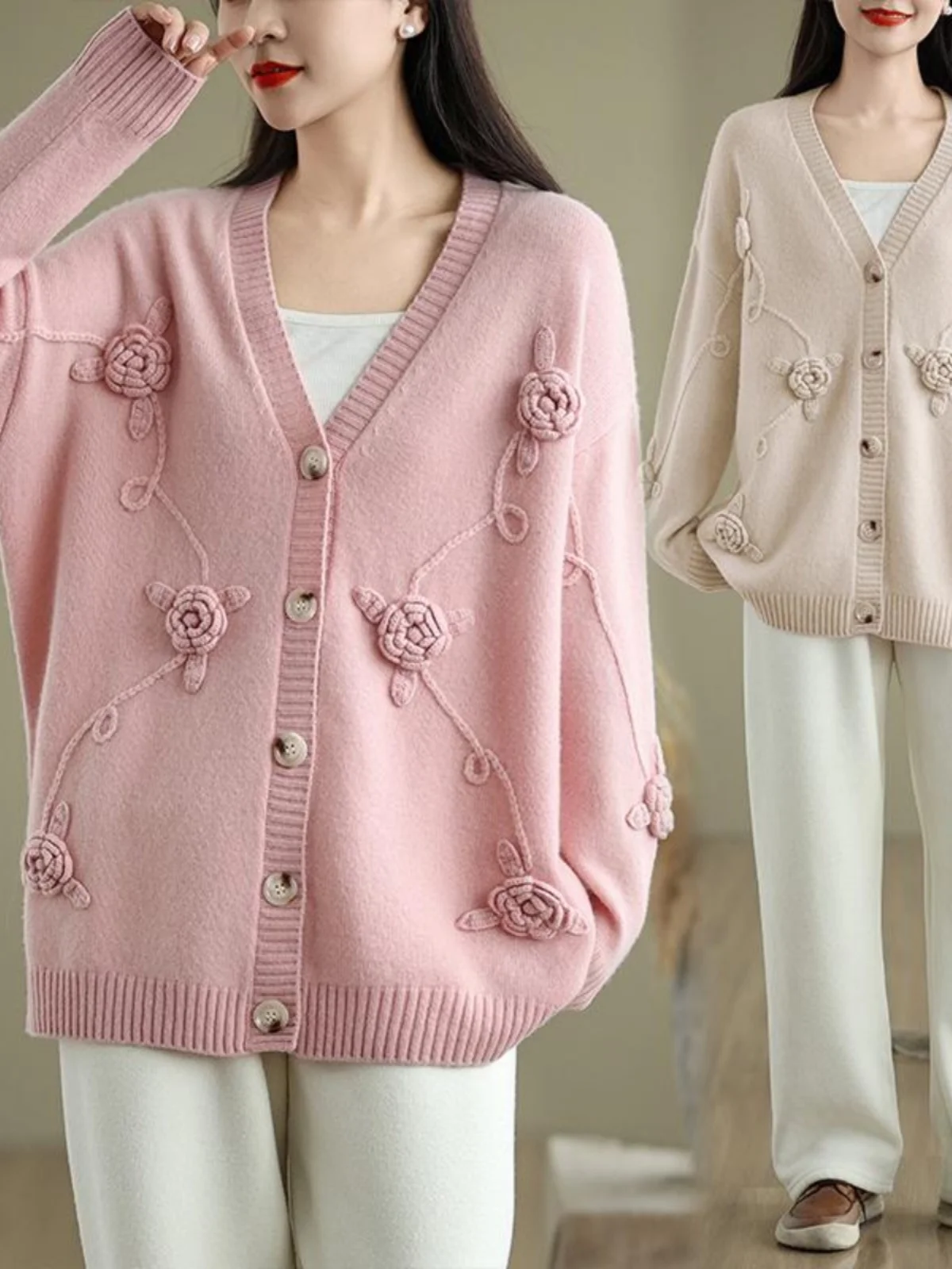 

Элегантный женский вязаный кардиган с вышивкой, свободный крой, V-образный вырез, повседневная верхняя одежда для весны, длинный рукав