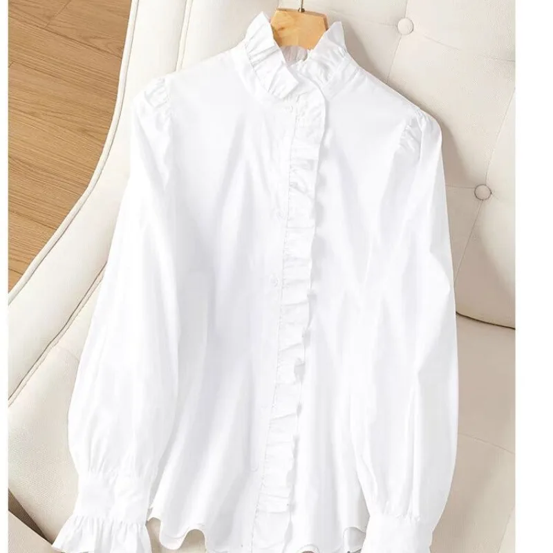Fashion Elegant Casual Solid Color Ear Edge Shirt 2025 New Spring and Autumn Stand Collar Patched Button Long Sleeve Ruffle Edge 3