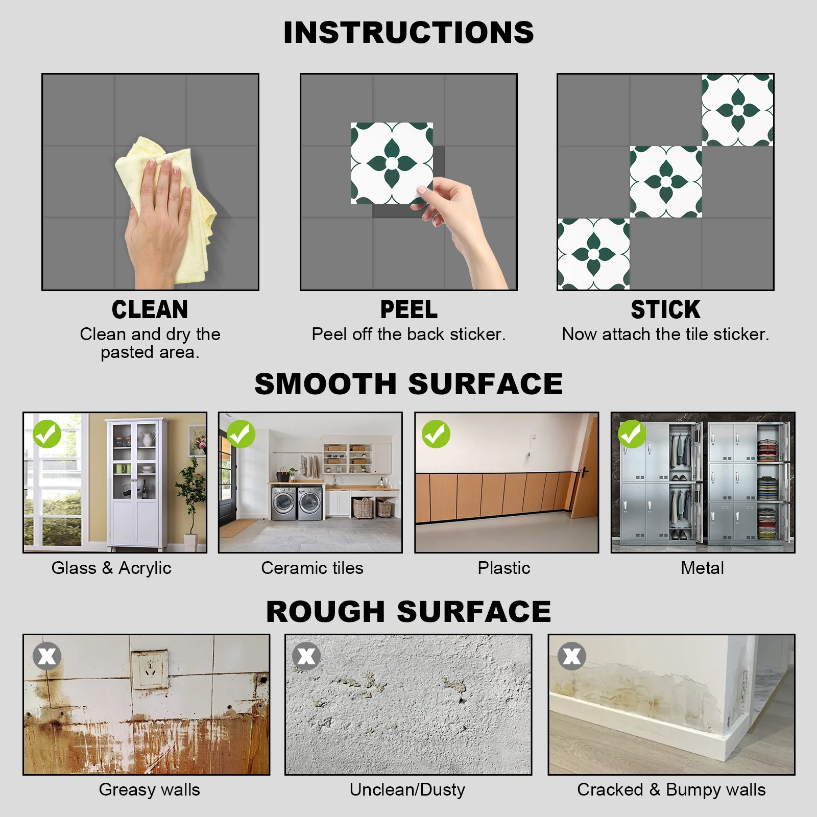 7.87 in. x 7.87 in. Light Green Floor Stickers Peel and Stick Waterproof (10-Pack) for US