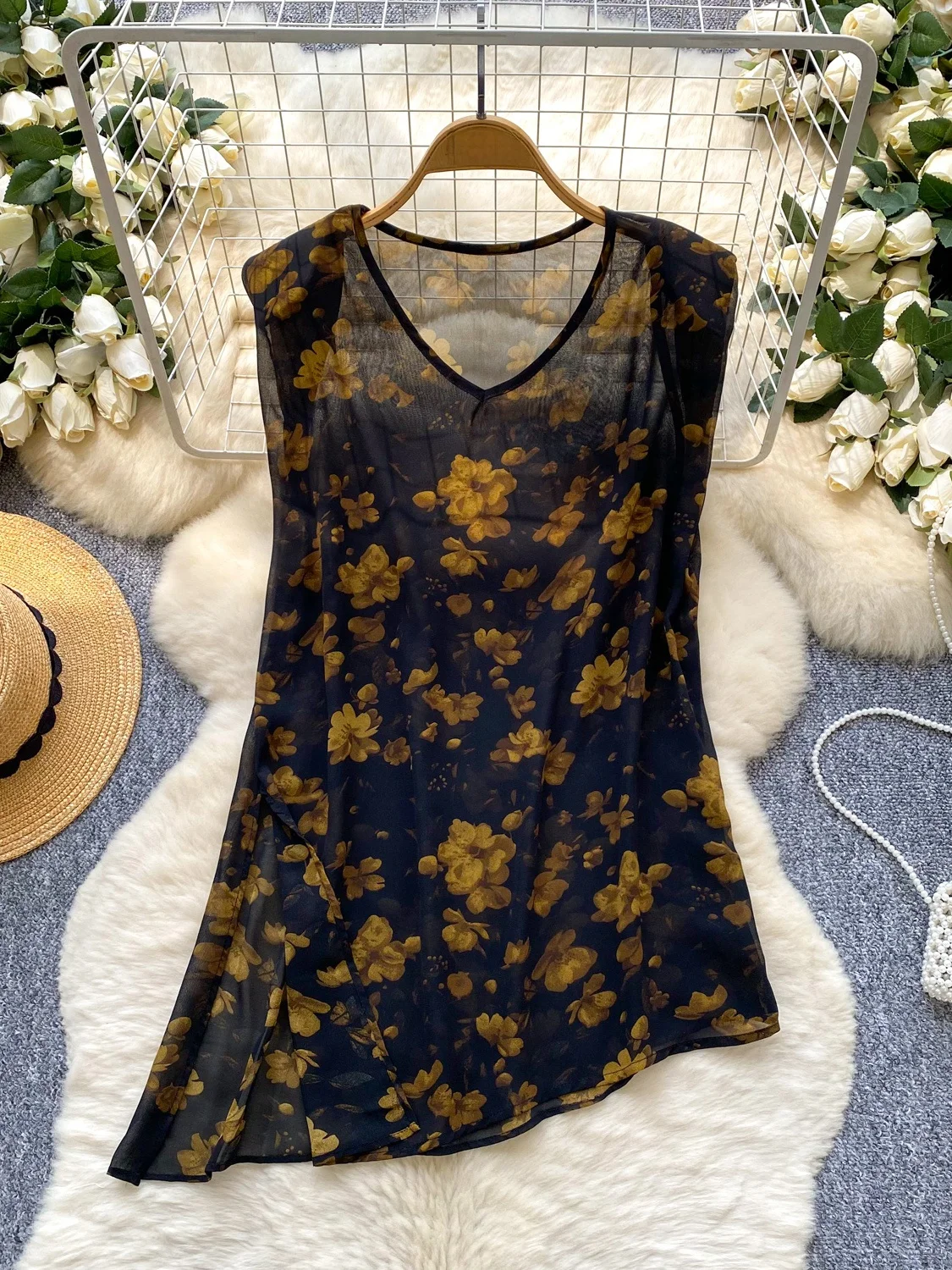 

Korean Sle Floral Print Chiffon irt Women's Summer Thin Transparent Top Versatile Casual Loose Fit No Brand Registered