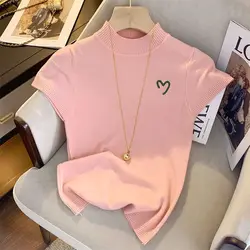 Suéter de manga corta con cuello alto para mujer, Jersey de punto bordado, chaleco francés dulce, Tops ajustados, 2023