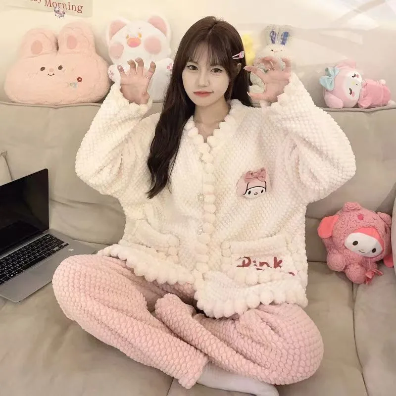 2024 Autumn Winter New Pajamas Suit Thicken Coral Fleece Sleepwear 2Pcs Loungewear Women Cute Panda Nightwear Top&pants Pjs