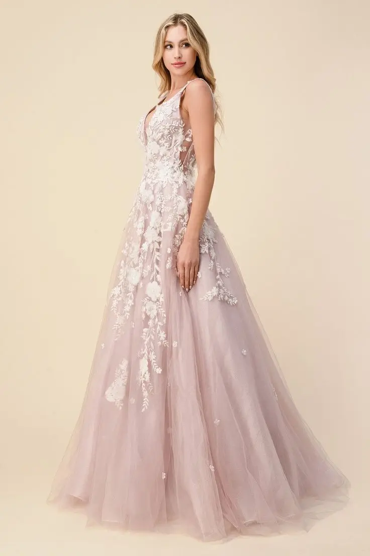 Robe de soirée en tulle bleu et rose avec paillettes, appliques en dentelle florale ivoire, col en V, longueur au sol, fermeture éclair, Rhde fin d'année