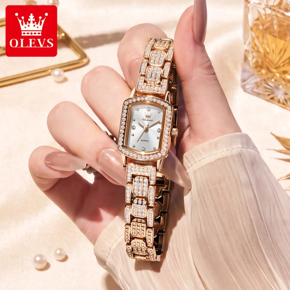 OLEVS 7142 Damen-Quarzuhr, quadratisch, goldfarben, mit Kristallarmband, elegante Armbanduhr mit Strasssteinen für Damen