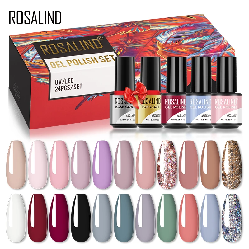 Rosalind Gel Nagellak Set 24Pcs Winter Semi Permanente Gel Hybrid Vernis Nodig Base Top Coat Nagels Art Nail polish Kit