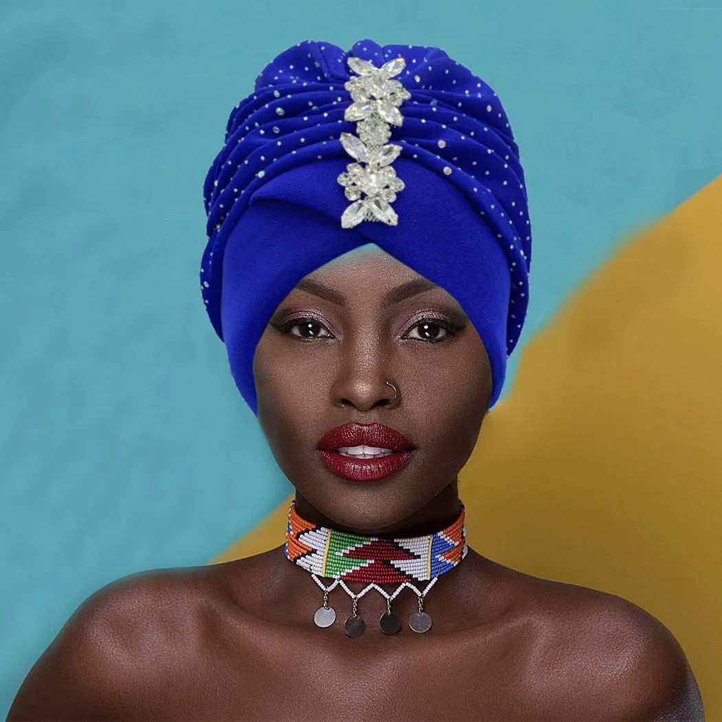 Turban de Luxe Plissé en Strass pour Femme, Foulard de Sauna Musulman, Cravate Africaine