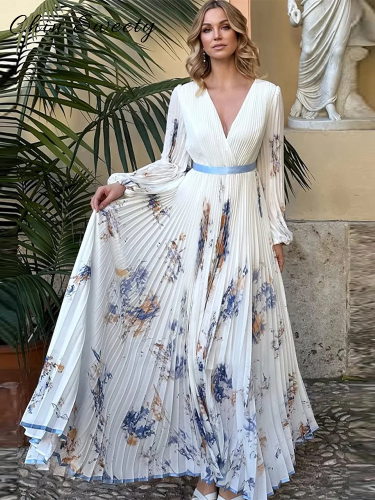 Elegant Printed Long Pleated Dress Women Deep V-neck Full Sleeve Ruched Dresses Female 2025 Summer Lady Vacation Holiday Robes