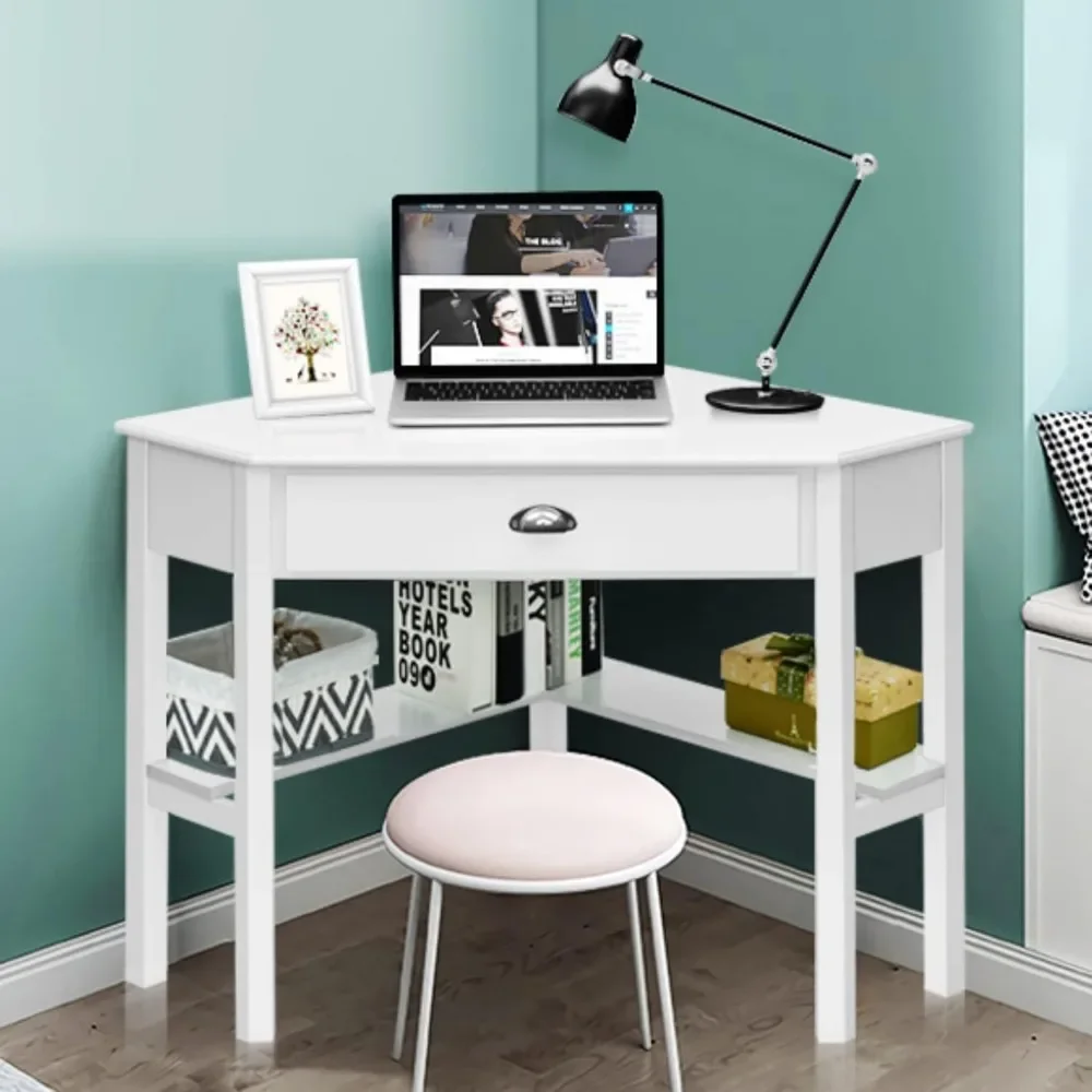 Corner Desk with Drawer, Storage Shelves for Computer, Makeup Vanity Desk for Small Space, 90 Degrees Triangle Desk