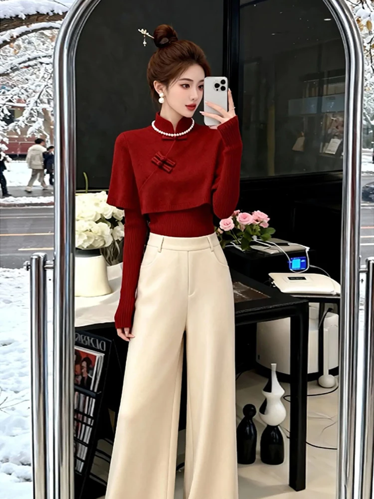 

Red Chinese Sle Coat Button Knitted Sweater Women Winter Cisas Aosphere Sensation Slimming Knitted irt Casual Loose...