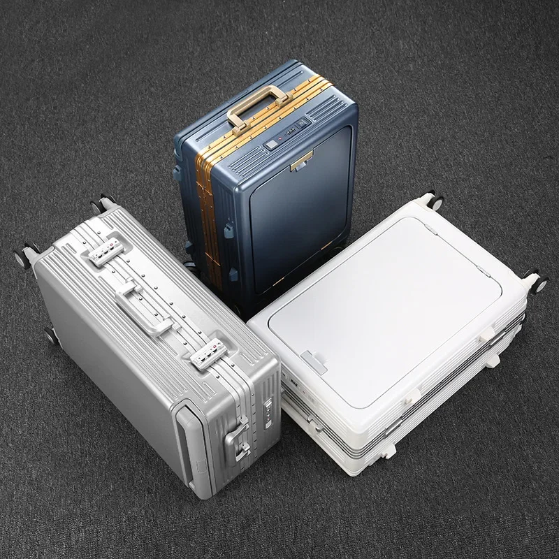 Aluminum Framed Boarding Suitcase of 20‘24’26‘28’ Inch Wide Handle Luggage with Laptop Mesh and USB Charging Front-open Trunk