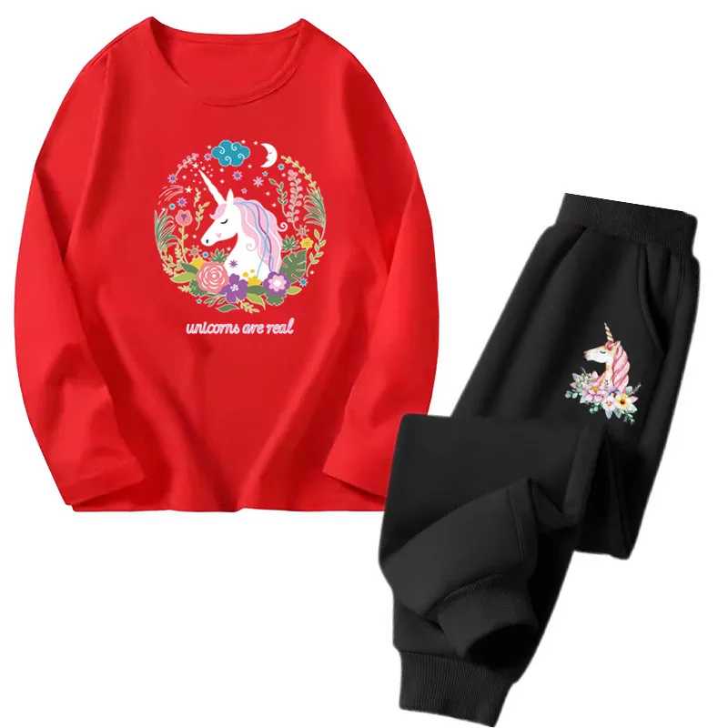 Spring Autumn Girls Clothing Sets Toddler Kids Long Sleeve Cartoon Unicorn T-shirt Tops + Pants Children's Outfits 3-14years