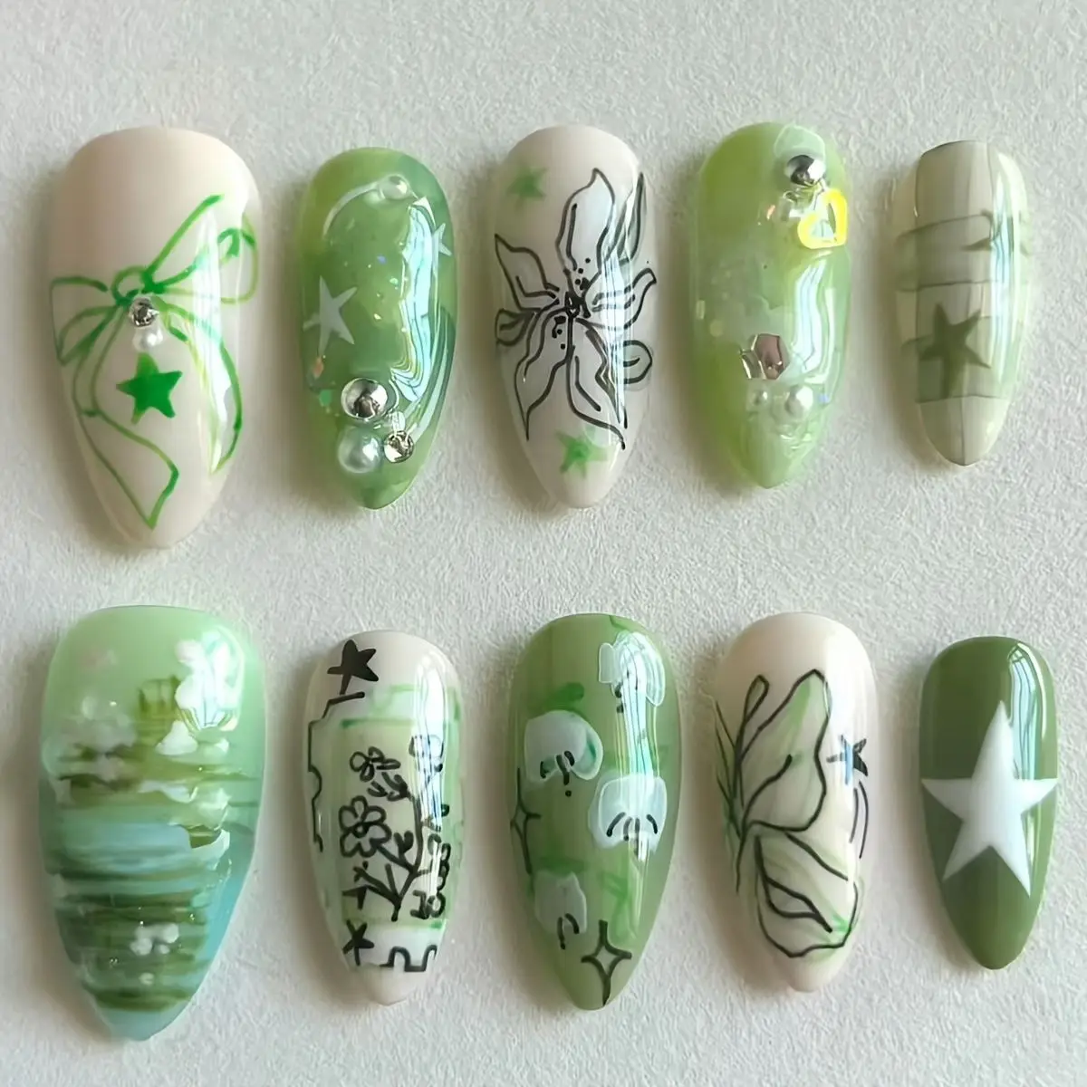 

10pcs Handmade Press on Nails Art Green Long Almond False Nail Tip Ocean Butterfly Flower Design Fake Nail Set Wearable Manicure