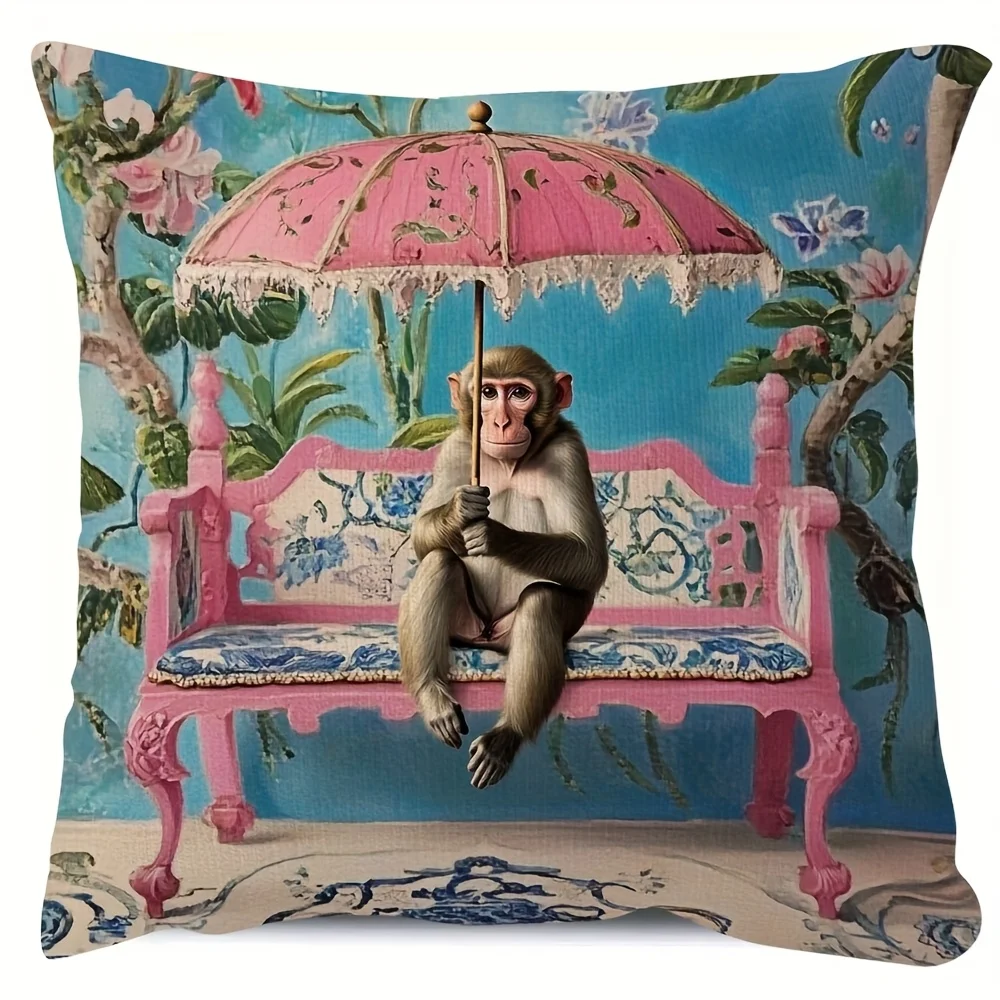 1pc Vintage Monkey In Pink Chinoiserie Throw Pillow Cover Decorative Cushion Case For Sofas Chairs Beds