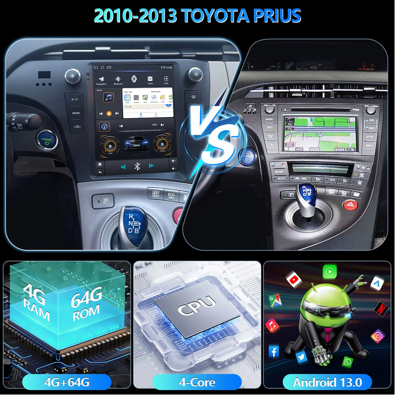 9.7 ''GPS الملاحة الإطار 4G Carplay أندرويد السيارات لتويوتا بريوس 2010-2013 أندرويد 13 BT راديو شاشة ستيريو مشغل وسائط متعددة