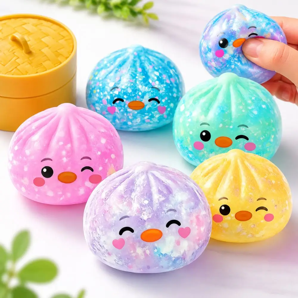 Funny Glitter Simulated Steamed Bun Squishy with Steamer Slow Rebound Stress Relief Sensory Anxiety Relief Soft Fidget