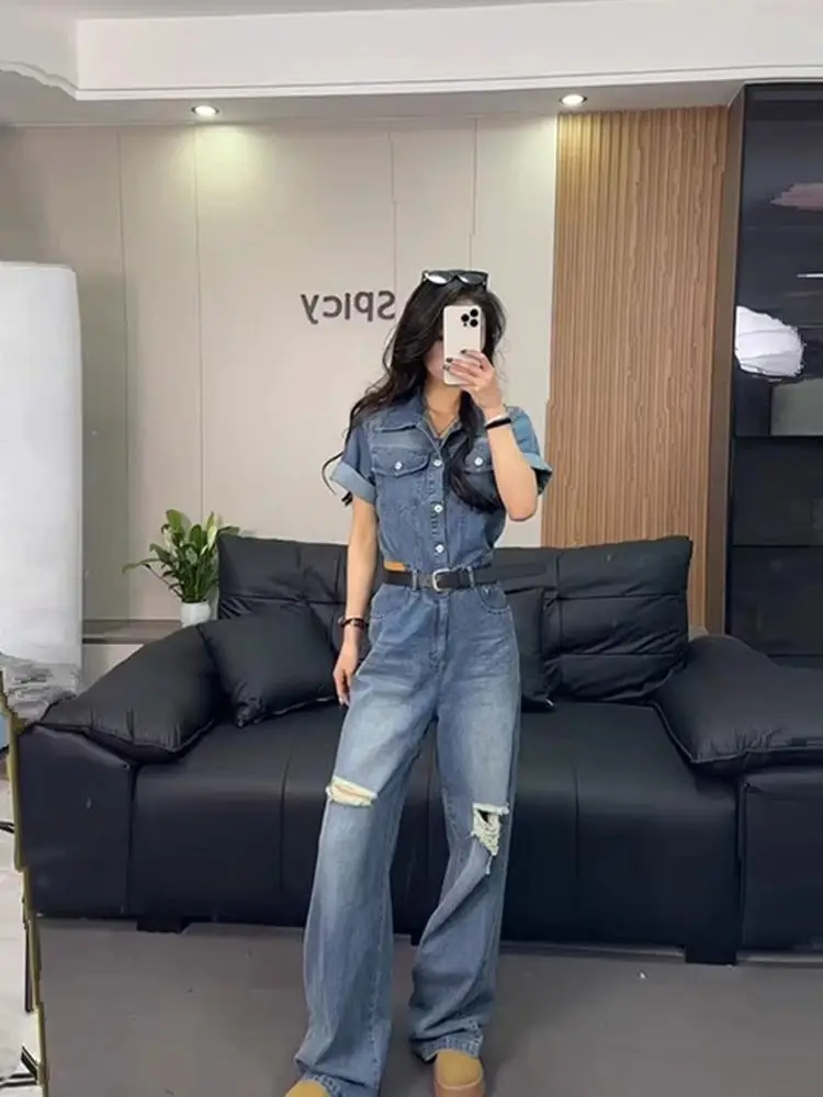 

Ретро-джинсовый комбинезон в американском стиле для женщин, свободный, приталенный, с широкими штанинами, цельный, весна-лето, с высокой талией, длинные брюки