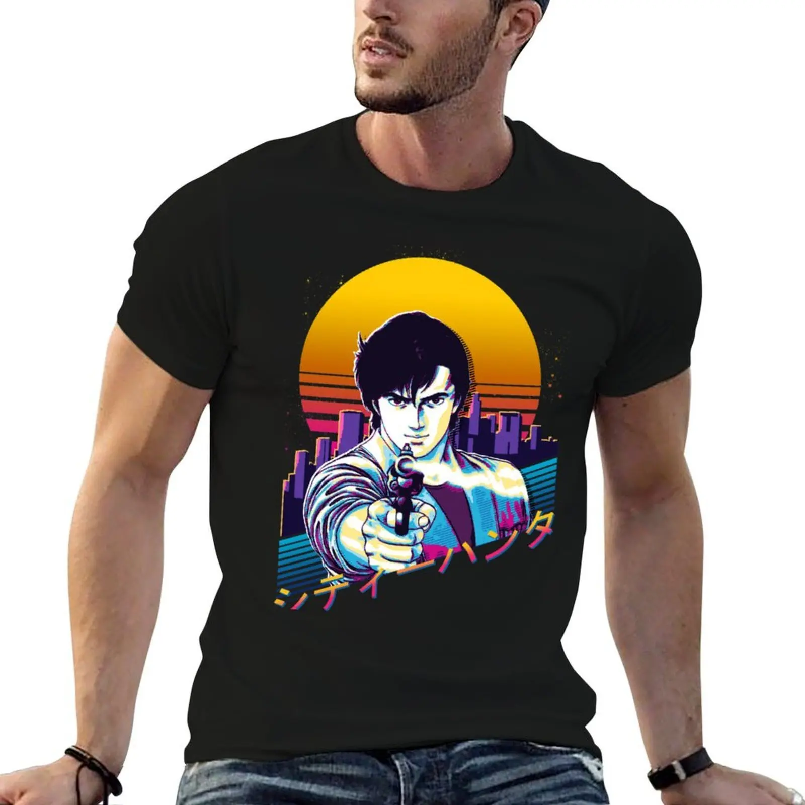 Футболка City Hunter - Ryo Saeba Retrowave Essential, дизайнерские мужские футболки, футболка с графическим рисунком