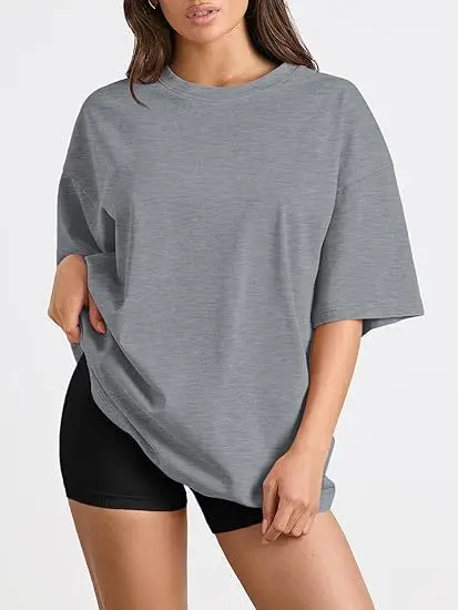 Cross-border Amazon Women's Oversized Loose Round Neck Short-sleeved Top Summer Casual Basic Solid Color T-shirt Cw46211