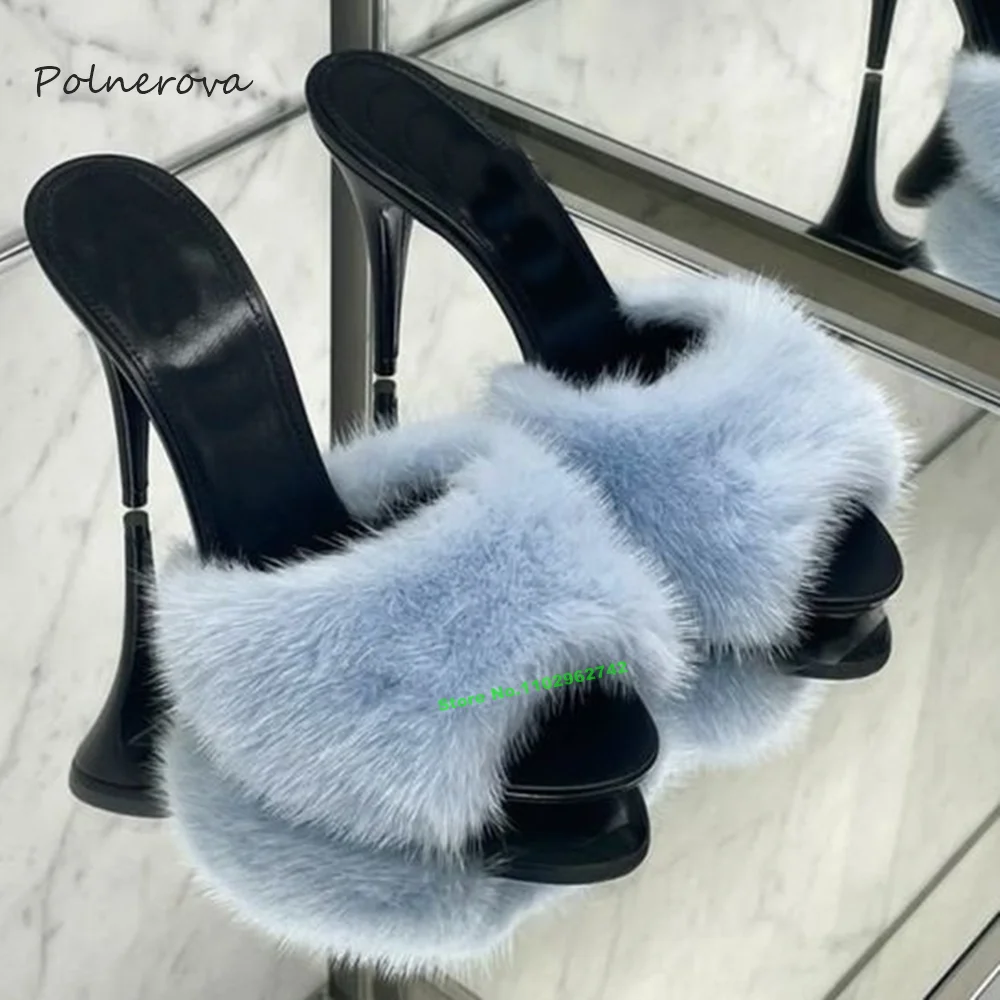 

Newest Furry One Strap Slippers Fashion Round Toe Thin High Heels Outside Slippers 2023 Banquet Runway Shoes for Women Luxury